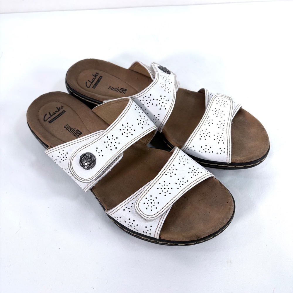 Clarks Sandals White Leather Perforated Slide Soft Cushion Women Size 8.5